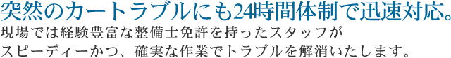 突然のカートラブルにも24時間体制で迅速対応。  現場では経験豊富な整備士免許を持ったスタッフが  スピーディーかつ、確実な作業でトラブルを解消  いたします。